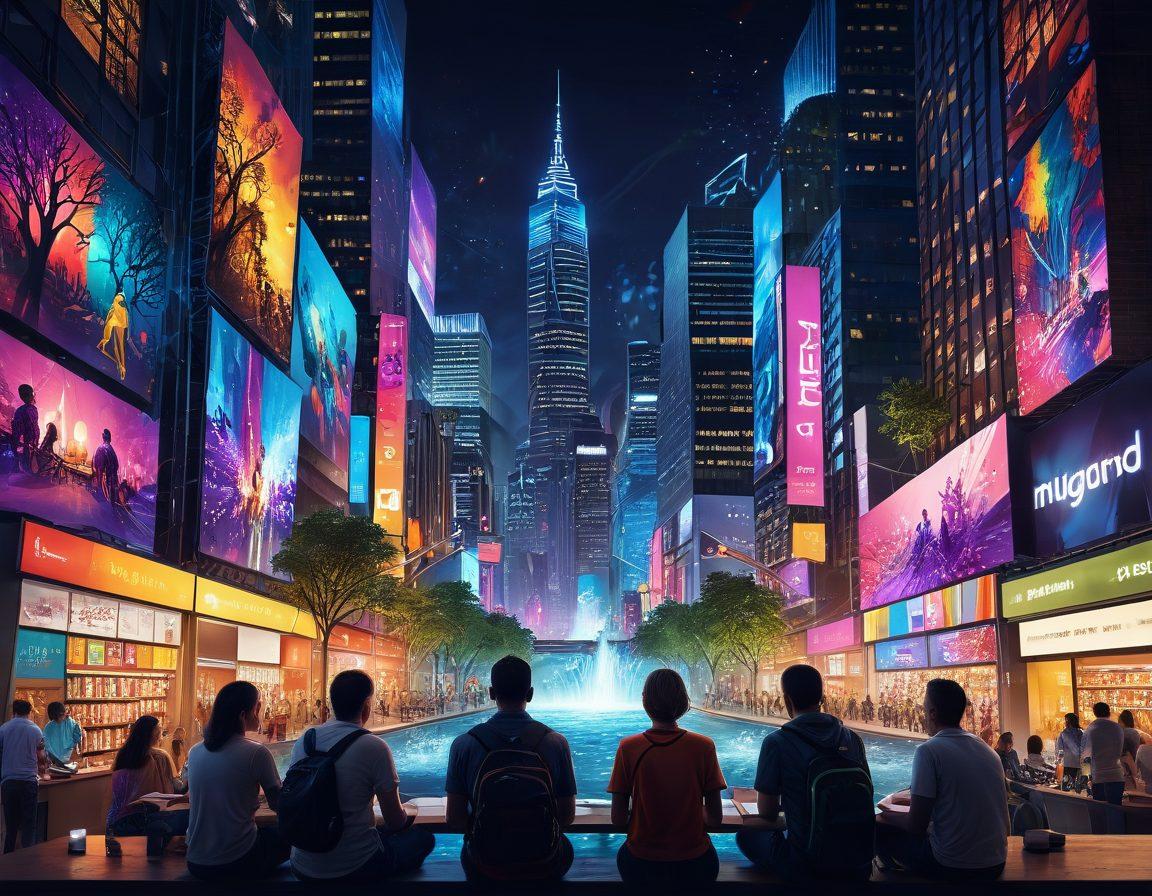 A captivating digital scene depicting a diverse group of people watching various screens displaying vivid visuals and animations. Include elements like expressive facial reactions, colorful graphics, and engaging storytelling symbols like books and icons. The background should blend urban and natural elements, signifying the connection between technology and nature. super-realistic. vibrant colors. dynamic composition.