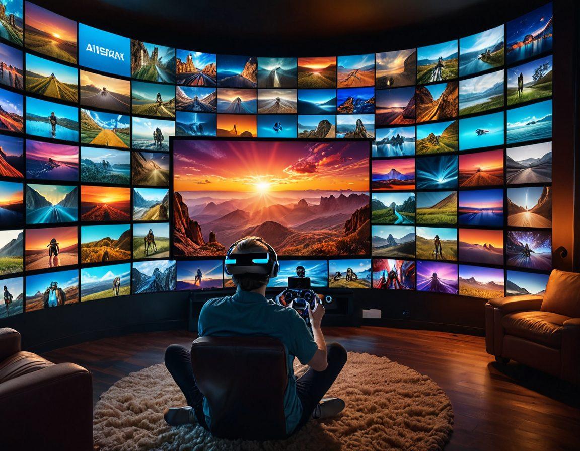 A vibrant collage of various high definition video screens showcasing stunning landscapes, thrilling action scenes, and colorful animations, with a person wearing VR goggles immersed in the visuals. The background features a cinematic film reel cascading through colors, symbolizing the evolution of video streaming. Include elements of high-tech devices and a cozy home theater setup. super-realistic. vibrant colors. cinematic style.