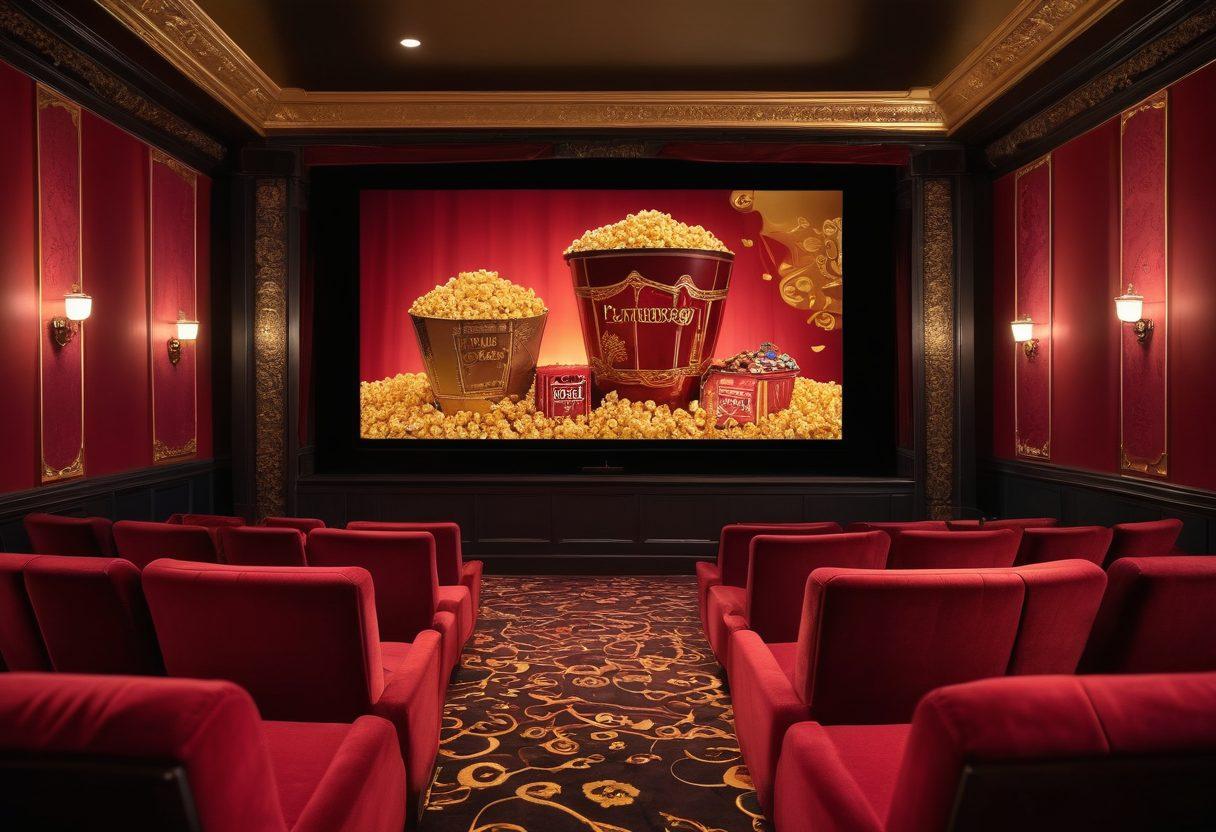 A captivating scene showcasing a dynamic transition from a digital screen displaying vibrant movies to a luxurious real-world cinematic experience, featuring a grand theater with plush seating and a rich tapestry of colors illuminating the space. Include elements that symbolize premium content, like a film reel, streaming icons, and golden popcorn. The atmosphere should convey excitement and quality entertainment. cinematic style. rich colors. dramatic lighting.